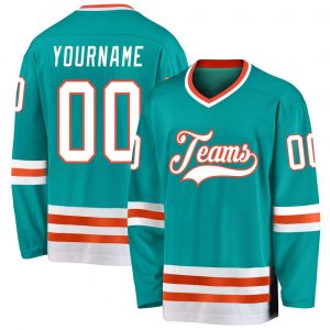 Custom Aqua White-Orange Hockey Jersey Suit for daily life,Material: 100% polyester,price varies by size and custom