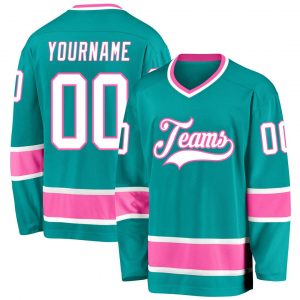 Custom Aqua White-Pink Hockey Jersey Suit for daily life,Material: 100% polyester,price varies by size and custom