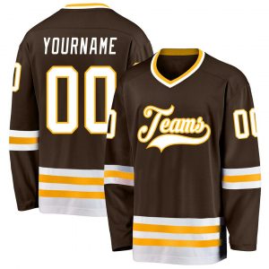 Custom Brown White-Gold Hockey Jersey Suit for daily life,Material: 100% polyester,price varies by size and custom