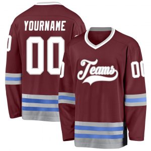 Custom Burgundy White-Blue Hockey Jersey Suit for daily life,Material: 100% polyester,price varies by size and custom