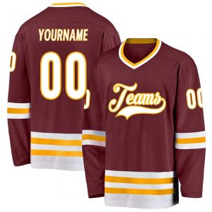 Custom Burgundy White-Gold Hockey Jersey Suit for daily life,Material: 100% polyester,price varies by size and custom