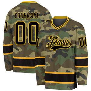 Custom Camo Black-Gold Salute To Service Hockey Jersey Suit for daily life,Material: 100% polyester,price varies by size and custom