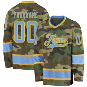 Custom Camo Light Blue-Gold Salute To Service Hockey Jersey Suit for daily life,Material: 100% polyester,price varies by size and custom