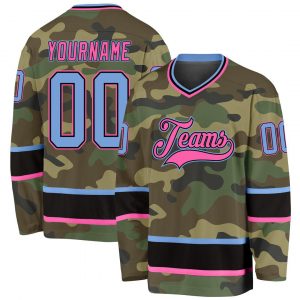 Custom Camo Light Blue-Pink Salute To Service Hockey Jersey Suit for daily life,Material: 100% polyester,price varies by size and custom