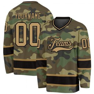 Custom Camo Old Gold-Black Salute To Service Hockey Jersey Suit for daily life,Material: 100% polyester,price varies by size and custom