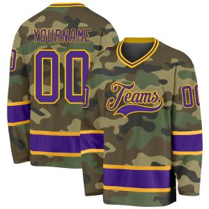 Custom Camo Purple-Gold Salute To Service Hockey Jersey Suit for daily life,Material: 100% polyester,price varies by size and custom