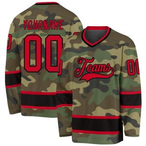 Custom Camo Red-Black Salute To Service Hockey Jersey Suit for daily life,Material: 100% polyester,price varies by size and custom