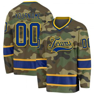 Custom Camo Royal-Gold Salute To Service Hockey Jersey Suit for daily life,Material: 100% polyester,price varies by size and custom