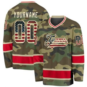 Custom Camo Vintage USA Flag-Red Salute To Service Hockey Jersey Suit for daily life,Material: 100% polyester,price varies by size and custom