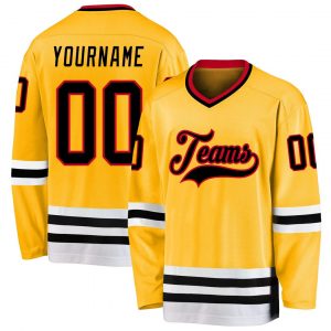 Custom Gold Black-Red Hockey Jersey Suit for daily life,Material: 100% polyester,price varies by size and custom