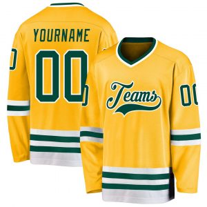 Custom Gold Green-White Hockey Jersey Suit for daily life,Material: 100% polyester,price varies by size and custom