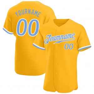 Custom Gold Light Blue-White Authentic Baseball Jersey Suit for daily life,Material: 100% polyester,price varies by size and custom