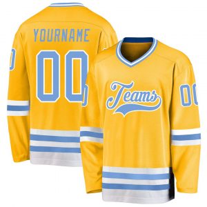 Custom Gold Light Blue-White Hockey Jersey Suit for daily life,Material: 100% polyester,price varies by size and custom