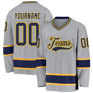 Custom Gray Navy-Gold Hockey Jersey Suit for daily life,Material: 100% polyester,price varies by size and custom