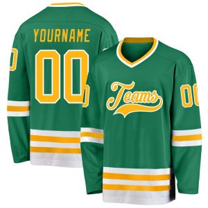 Custom Kelly Green Gold-White Hockey Jersey Suit for daily life,Material: 100% polyester,price varies by size and custom