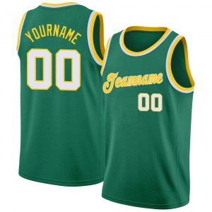 Custom Kelly Green White-Gold Round Neck Rib-Knit Basketball Jersey Suit for daily life,Material: 100% polyester,price varies by size and custom