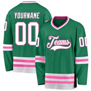 Custom Kelly Green White-Pink Hockey Jersey Suit for daily life,Material: 100% polyester,price varies by size and custom