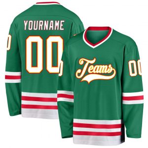 Custom Kelly Green White-Red Hockey Jersey Suit for daily life,Material: 100% polyester,price varies by size and custom