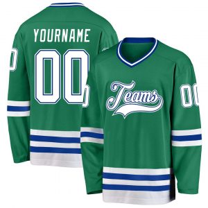 Custom Kelly Green White-Royal Hockey Jersey Suit for daily life,Material: 100% polyester,price varies by size and custom