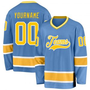 Custom Light Blue Gold-White Hockey Jersey Suit for daily life,Material: 100% polyester,price varies by size and custom