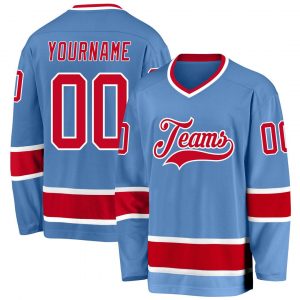 Custom Light Blue Red-White Hockey Jersey Suit for daily life,Material: 100% polyester,price varies by size and custom