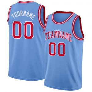 Custom Light Blue Red-White Round Neck Rib-Knit Basketball Jersey Suit for daily life,Material: 100% polyester,price varies by size and custom