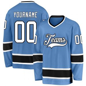 Custom Light Blue White-Black Hockey Jersey Suit for daily life,Material: 100% polyester,price varies by size and custom