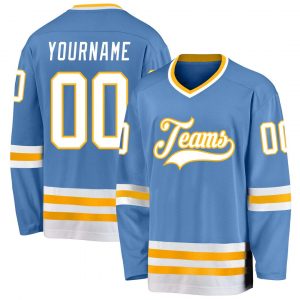 Custom Light Blue White-Gold Hockey Jersey Suit for daily life,Material: 100% polyester,price varies by size and custom