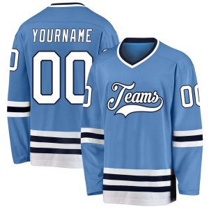 Custom Light Blue White-Navy Hockey Jersey Suit for daily life,Material: 100% polyester,price varies by size and custom