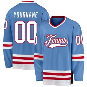 Custom Light Blue White-Red Hockey Jersey Suit for daily life,Material: 100% polyester,price varies by size and custom