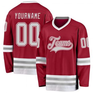 Custom Maroon Gray-White Hockey Jersey Suit for daily life,Material: 100% polyester,price varies by size and custom