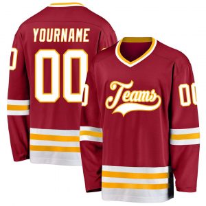 Custom Maroon White-Gold Hockey Jersey Suit for daily life,Material: 100% polyester,price varies by size and custom