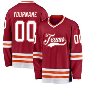 Custom Maroon White-Orange Hockey Jersey Suit for daily life,Material: 100% polyester,price varies by size and custom