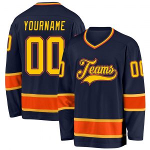 Custom Navy Gold-Orange Hockey Jersey Suit for daily life,Material: 100% polyester,price varies by size and custom