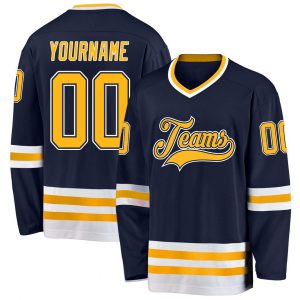 Custom Navy Gold-White Hockey Jersey Suit for daily life,Material: 100% polyester,price varies by size and custom