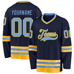 Custom Navy Light Blue-Gold Hockey Jersey Suit for daily life,Material: 100% polyester,price varies by size and custom