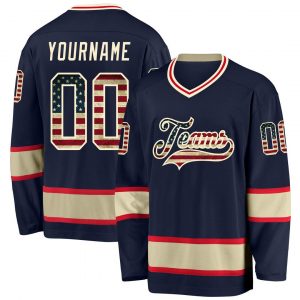 Custom Navy Vintage USA Flag-Cream Hockey Jersey Suit for daily life,Material: 100% polyester,price varies by size and custom