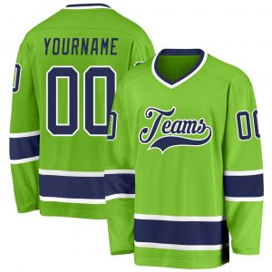 Custom Neon Green Navy-White Hockey Jersey Suit for daily life,Material: 100% polyester,price varies by size and custom