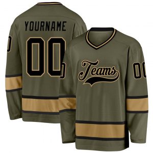 Custom Olive Black-Old Gold Salute To Service Hockey Jersey Suit for daily life,Material: 100% polyester,price varies by size and custom