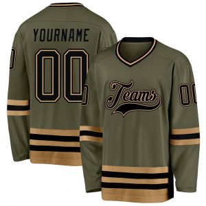 Custom Olive Black-Old Gold Salute To Service Hockey Jersey Suit for daily life,Material: 100% polyester,price varies by size and custom