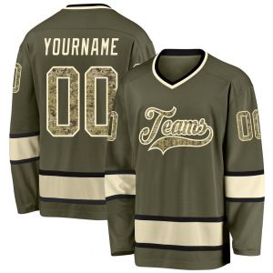 Custom Olive Camo-Cream Salute To Service Hockey Jersey Suit for daily life,Material: 100% polyester,price varies by size and custom