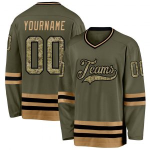 Custom Olive Camo-Old Gold Salute To Service Hockey Jersey Suit for daily life,Material: 100% polyester,price varies by size and custom