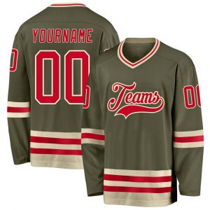 Custom Olive Red-Cream Salute To Service Hockey Jersey Suit for daily life,Material: 100% polyester,price varies by size and custom