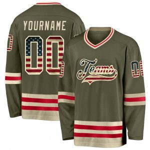 Custom Olive Vintage USA Flag-Cream Salute To Service Hockey Jersey Suit for daily life,Material: 100% polyester,price varies by size and custom