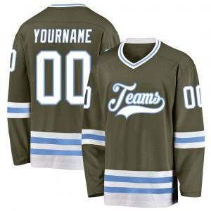 Custom Olive White-Light Blue Salute To Service Hockey Jersey Suit for daily life,Material: 100% polyester,price varies by size and custom