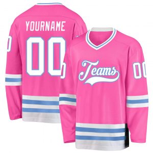 Custom Pink White-Light Blue Hockey Jersey Suit for daily life,Material: 100% polyester,price varies by size and custom