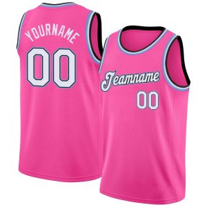 Custom Pink White-Light Blue Round Neck Rib-Knit Basketball Jersey Suit for daily life,Material: 100% polyester,price varies by size and custom