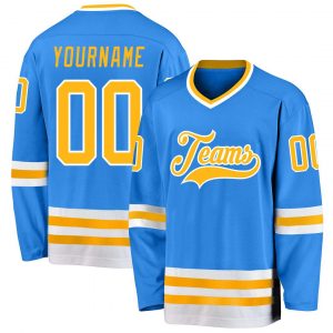 Custom Powder Blue Gold-White Hockey Jersey Suit for daily life,Material: 100% polyester,price varies by size and custom