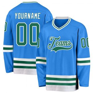 Custom Powder Blue Kelly Green-White Hockey Jersey Suit for daily life,Material: 100% polyester,price varies by size and custom