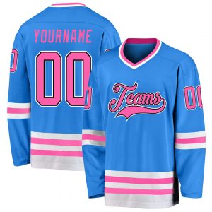 Custom Powder Blue Pink-Black Hockey Jersey Suit for daily life,Material: 100% polyester,price varies by size and custom